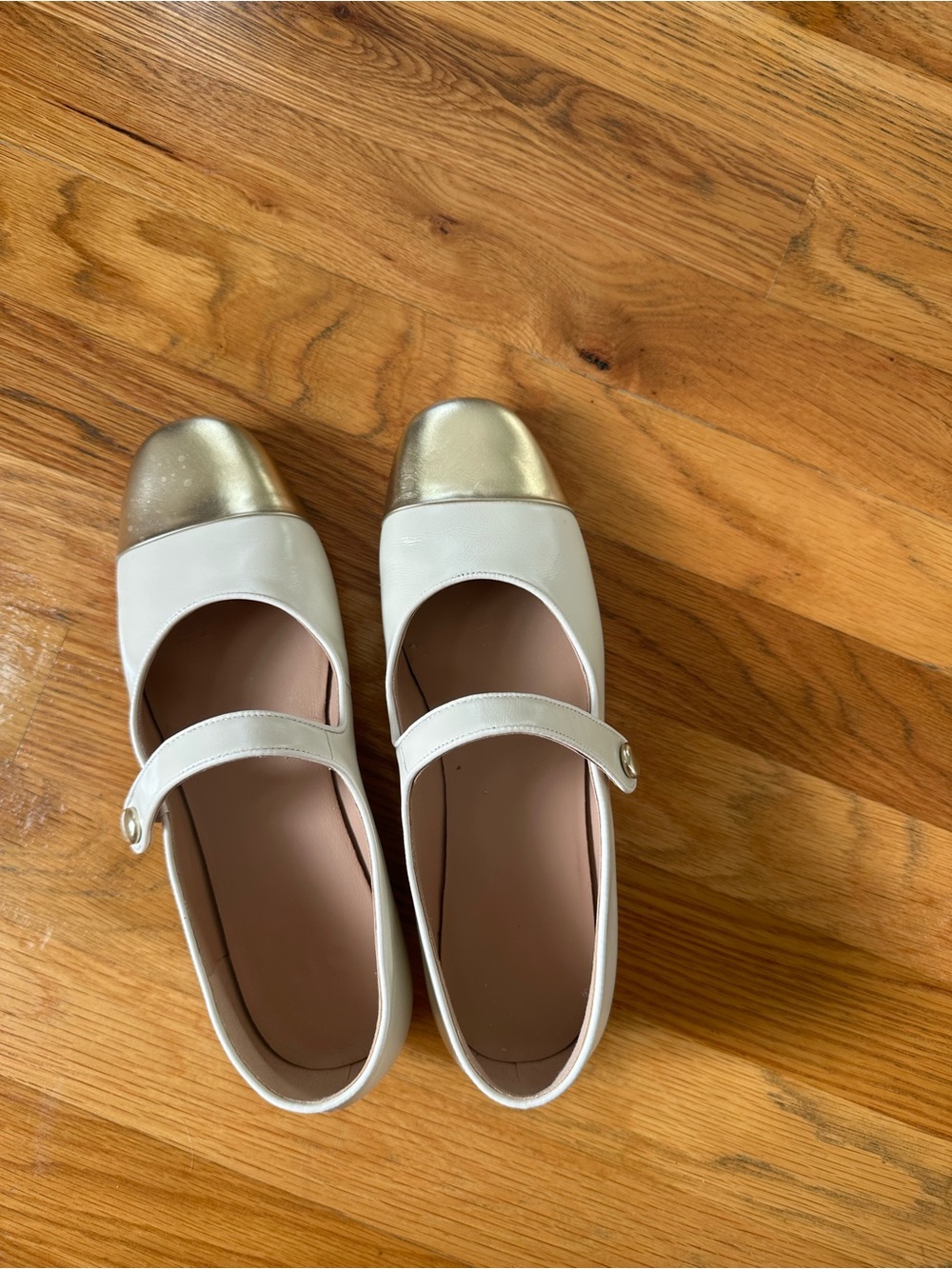 Women’s White Mary Jane Flats with Gold Cap Toe